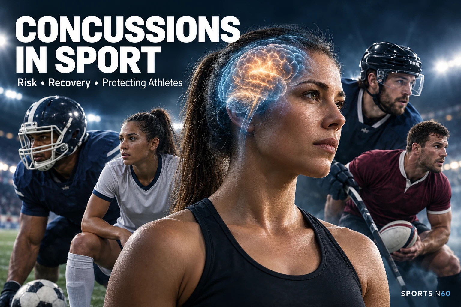 Concussions in sport — risk, recovery and protecting athletes. Illustrative artwork.