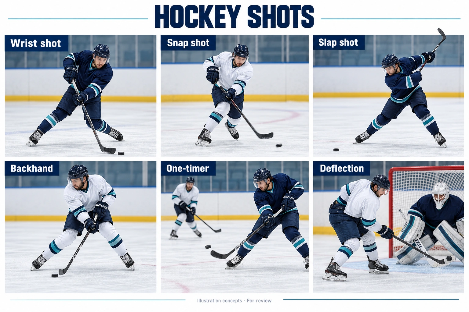 Illustrations of a wrist shot, snap shot, slap shot, backhand, one-timer and deflection.